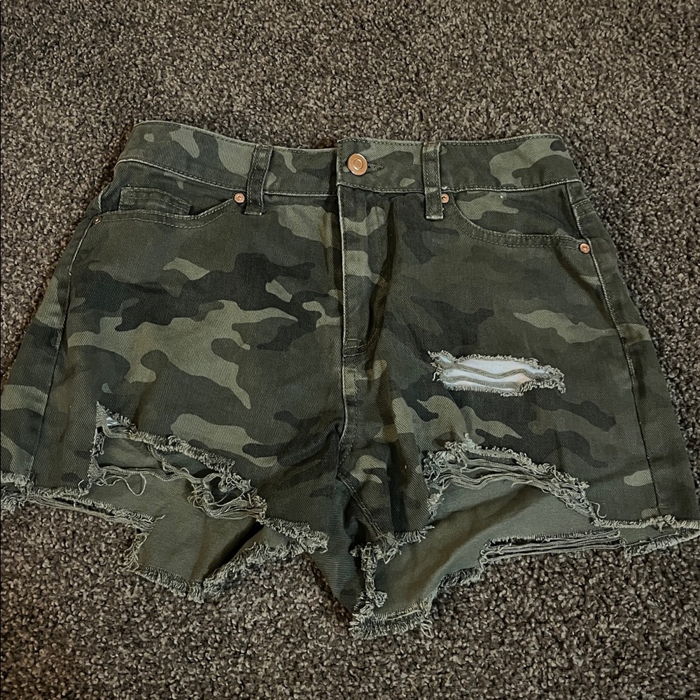 Camo Distressed Denim Shorts
